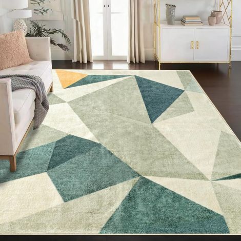 Tapis Vert Salon Moderne Poil Ras Lavable 120 x 180 cm (1/5)