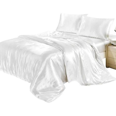 Parure de lit Blanc en Soie, 220x240cm - Satin 4 Pièces avec 2 Taies d'oreiller, 1 Drap, 1 Housse de Couette (1/4)
