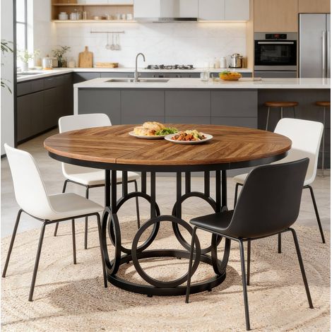 Mesa de comedor redonda 120x120x75 cm de MDF y metal negro estilo industrial FloraGrace (1/5)