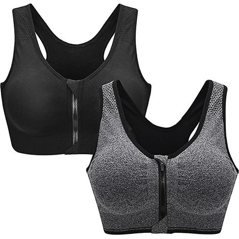 Soutien-gorge de sport femme, fermeture éclair avant, lot de 2, noir et gris, ajustable, confortable, pour fitness et course (1/2)
