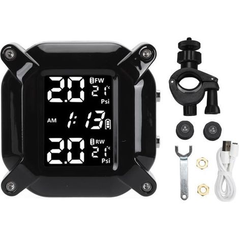 Système de surveillance de la pression des pneus de moto TPMS sans fil avec affichage numérique LCD et capteur externe (1/4)
