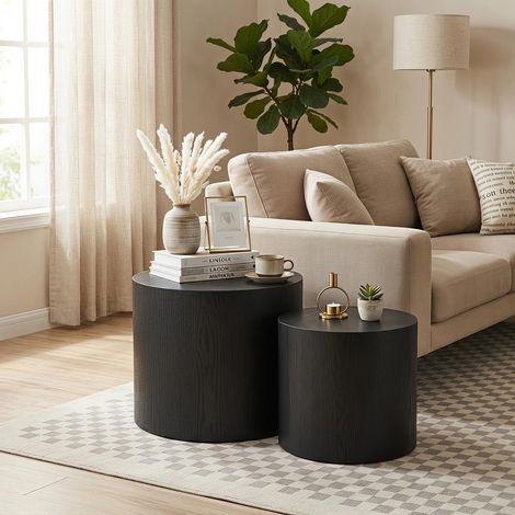 Ensemble de tables d'appoint deux pièces, table basse ronde moderne avec pieds antidérapants, table d'appoint en bois pour salon, chambre, bureau, balcon, terrasse, sans montage nécessaire, noir (1/5)