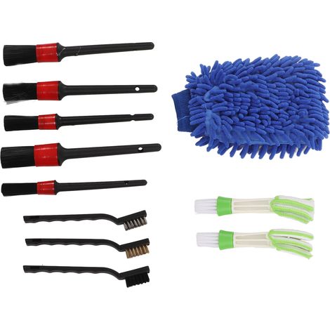 Ensemble de 11 brosses de nettoyage et d'entretien automobile en plastique bleu pour l'intérieur et l'extérieur des roues, des essuie-glaces et des vitres. (1/5)