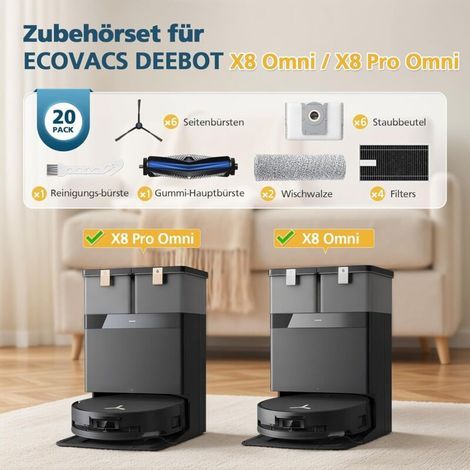 Lot de 20 accessoires pour aspirateur robot ECOVACS DEEBOT X8 Omni et X8 Pro Omni, 1 brosse principale en caoutchouc, 4 filtres, 2 rouleaux de nettoyage, 6 brosses latérales, 6 sacs d'aspirateur (1/3)