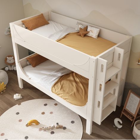Letto a castello bambini 90x200 cm con scala rimovibile, design a slitta, senza materasso, bianco (1/5)