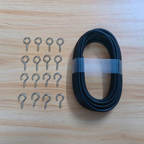 Schwarzes Federseil, 5 Meter, Ösen, 8 Fragezeichenhaken, 8-teiliges Vorhangzubehörset. (1/5)