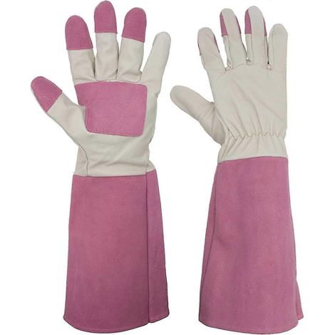 Tuinhandschoenen met rozenmotief voor dames en heren, lange handschoenen tegen doornen, gemaakt van varkensleer, ademend en duurzaam. (1/5)
