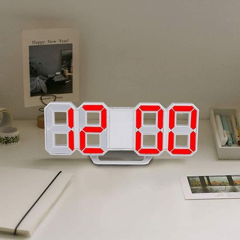 3D-LED-Digitalwanduhr, Wecker für Schlafzimmer oder Büro, Inneneinrichtung, weißes Gehäuse (rot)