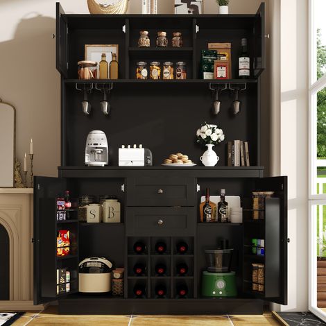 Küchenbuffet mit 4 Türen und 2 Schubladen, Verstellbaren Einlegeböden und Weinregal, MDF, Schwarz, 120×40×188 cm