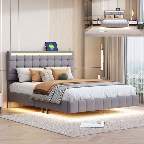 Letto doppio 140x200 cm, LED, USB, tessuto in lino, stile moderno, telaio letto 140x200 cm, letto flottante 140x200 cm, grigio