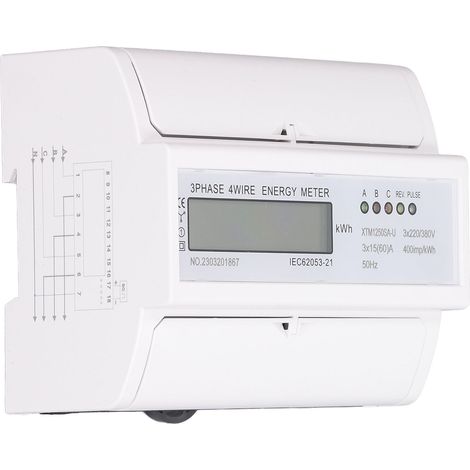 Compteur d'énergie triphasé, moniteur de consommation électrique, écran LCD, montage sur rail DIN, 3 x 15 A CC, 3 x 220 V, 380 V (1/5)