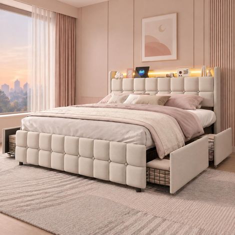 Letto matrimoniale 180x200 cm con 4 cassetti contenitore, LED RGB, testiera portaoggetti e presa USB Tipo C, tessuto in lino, Beige (1/5)