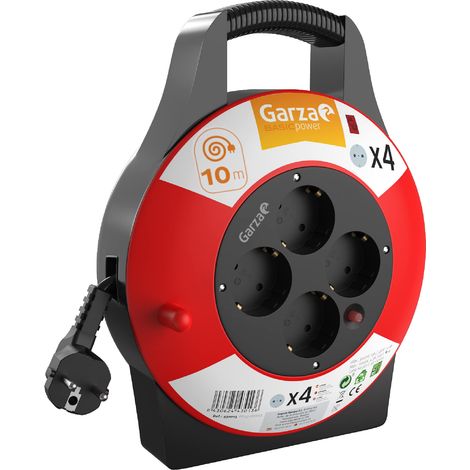 Garza - Avvolgicavo 10 m Domestico 3G Interno, 4 Prese con Messa a Terra, Protezione Bambini, Sovratensione e Surriscaldamento, Tamburo Elettrico Avvolgibile Rosso e Nero