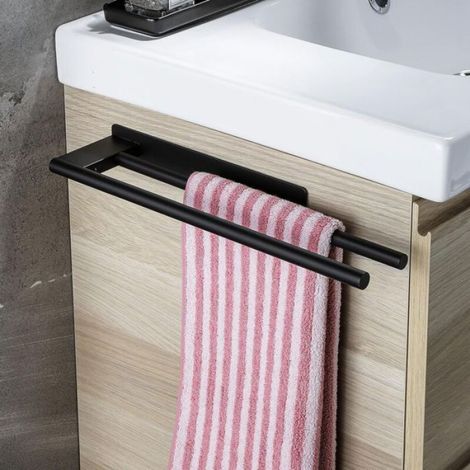 Porte-Serviettes Mural - Double Bras - Acier Inoxydable SUS-304 - Sans Perçage - Noir - 1 Pièce (1/4)