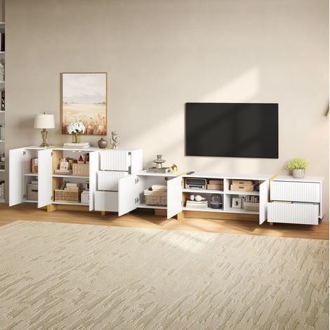 Mueble TV con aparador, frontal acanalado, blanco, en MDF y PB DESVIAE (1/5)