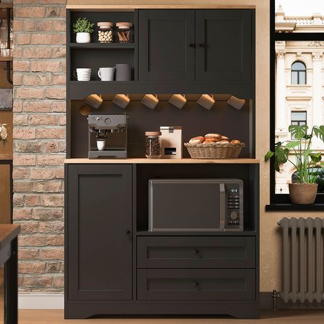 Meuble de rangement haut de cuisine (100x40x163 cm), luminaire LED intégré, prises et port USB, niche micro-ondes, étagères modulables, support à épices, parfait pour cuisine, salle à manger et séjour (1/5)