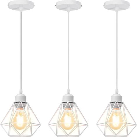 3PCS Plafonnier Rétro Blanc Suspension Luminaire Vintage D'Intérieur Suspension Lustre E27 Cage En Métal (1/5)