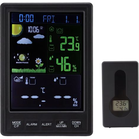 Multifunktionale Wetterstation mit Temperatur- und Feuchtigkeitsregelung, farbiger Innen-/Außenuhr, schwarzem, wandmontiertem ewigen Kalender (batterieloser Sender und Uhr) (1/5)
