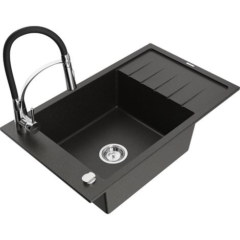 Mexen Elias fregadero de granito de 1 cubeta con escurridor y grifo de cocina Aster, negro/dorado metálico - 6511-75-73450-70 (1/5)