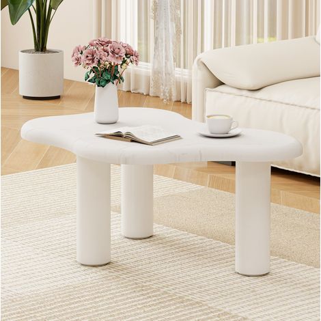 Tavolino da salotto a forma di nuvola effetto marmo bianco, bordi arrotondati e gambe in legno massello, in truciolare (1/5)