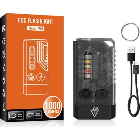 Lampe porte-clés V10L, 1000 lumens, portée 100 m, IPX4, batterie 1000 mAh, USB-C, laser, UV, flash, alarme sonore, noir transparent (1/5)