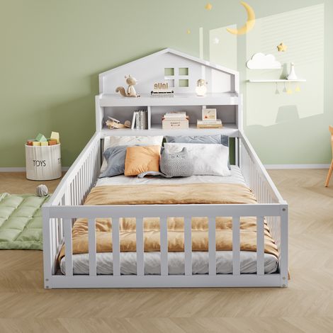 Lit enfant 90x200 cm blanc,cadre bois massif,plinthe,étagères,rangements,grille protection,rail tableau,base à lattes