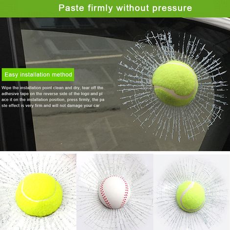 2 autocollants 3D effet verre brisé baseball, stickers drôles voiture balle de tennis farce, décalcomanies vitre fissurée (1/5)