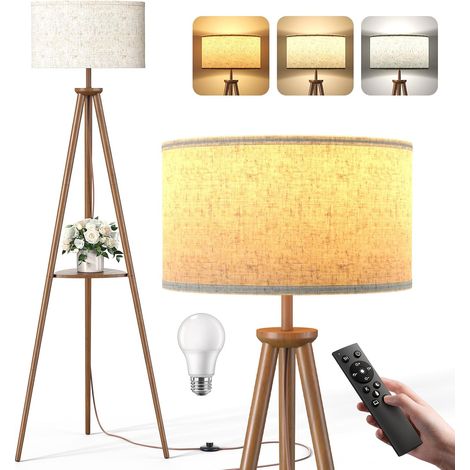Lampadaire Trépied LED sur Pied Salon avec Étagères de Rangement - 12W Lampe sur Pied Bois avec Télécommande & Ampoule, Lampe Liseuse Réglables pour Salon, Chambre, Brun Foncé - Étagère Triangulaire (1/5)