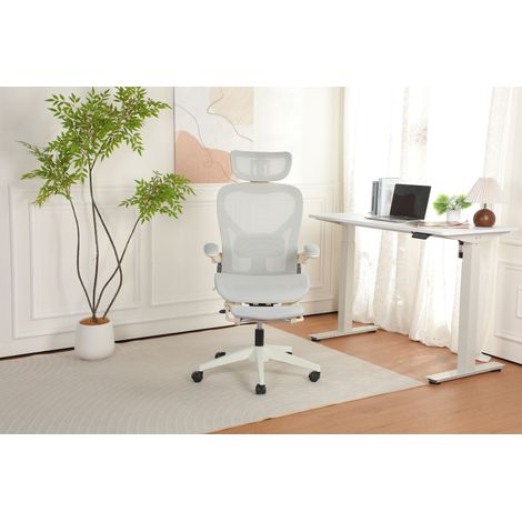 Chaise de bureau ergonomique pliante gain de place, dossier en maille intégrale, soutien lombaire, accoudoirs relevables, appui-tête 3D, repose-pieds intégré, gris (1/5)