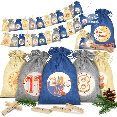 KESSER® Calendario dell'Avvento da riempire con 24 sacchetti di iuta Sacchetti in tessuto stampato Calendario di Natale per bambini da riempire da soli Incl. 24x cartellini 16x12cm / Blu / Colorato