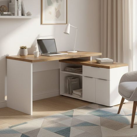 Escritorio Belpasso, 1 Cajón, 2 Puertas Made in Italy, 2 Estantes, 140x120x75h cm Blanco Brillante (1/3)