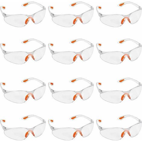 Paquete de 12 gafas de seguridad transparentes - Gafas protectoras con lentes de plástico, puente nasal y puntas de goma para las patillas para mayor comodidad - Gafas PPE transparentes (1/5)