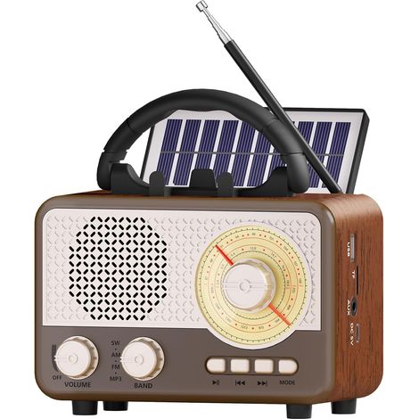 Radio Portable Vintage Bluetooth FM AM SW, Petite Enceinte Bluetooth Rétro Radio à Piles Solaire avec Support pour Téléphone, Décoration Maison Bureau (1/5)