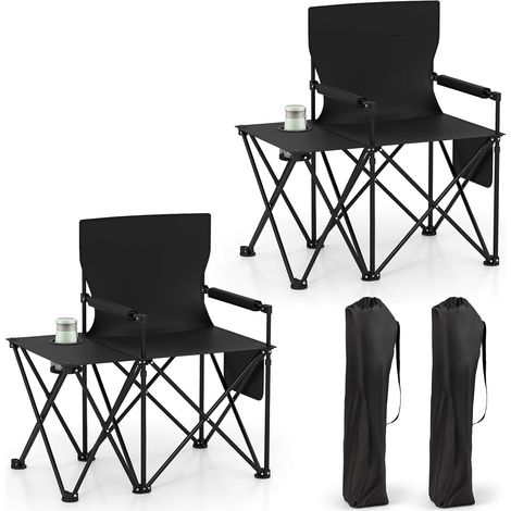 GOPLUS Lot de 2 Chaises de Camping avec Table d'Appoint, Chaise de Plage Pliante avec Porte-gobelet, Poches de Rangement, Ultra Leger, Sac Transport, Charge 150 kg, pour Pêche, Pique-Nique (Noir)