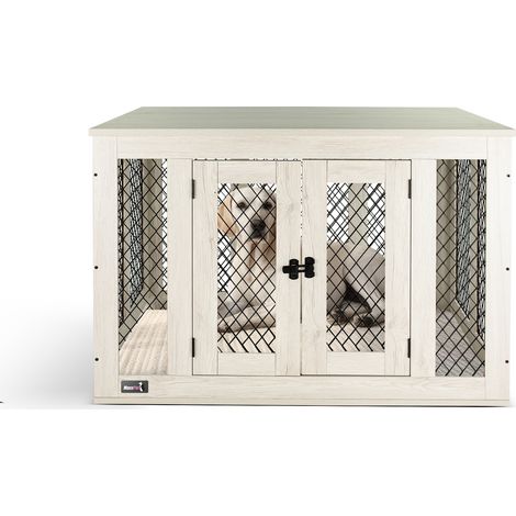 MaxxPet Caja Para Perros de Madera, Caja Para Perros Para el Hogar, Casa Para Perros de Interior, Con 2 Puertas, Casa Para Perros Para Salón, 94x60x72cm, Gris (1/5)