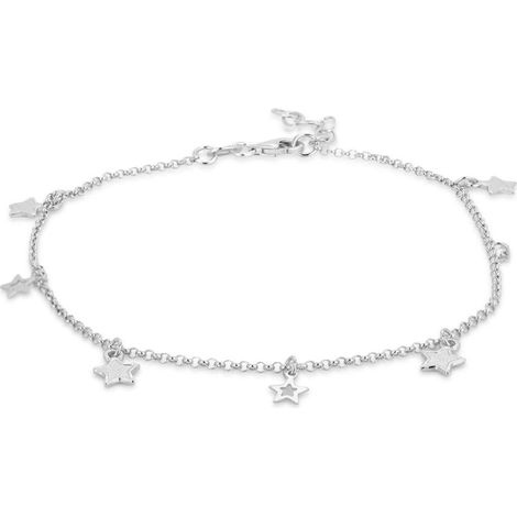 Bracelet de cheville en argent massif rhodié 925 avec étoiles pendantes (ouverture et fermeture) - Élégant et raffiné - Longueur : 23 cm + 2,5 cm d'extension (1/5)
