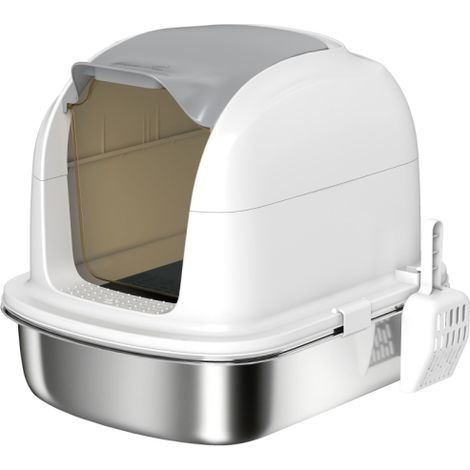 Lettiera per gatti in acciaio inox con coperchio, toilette per gatti con vassoio, paletta per lettiera, per gatti sotto i 5 kg, 52,4 x 41,3 x 42 cm, bianca, disponibile in loco. (1/5)
