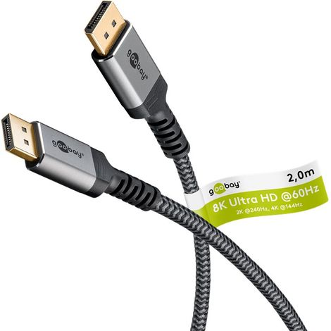 goobay 65265 Cable DisplayPort 1.4 hasta 8K @ 60 Hz (UHD), 4K @ 144 Hz y 2K @ 240 Hz, DP, cable Displayport de alta velocidad, cable pantalla, Nylon trenzado, Gaming, streaming de video HD, 2m