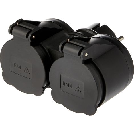 Adaptateur d'extérieur 2 prises Schuko, résistant à l'eau IP44, fiche allemande, multiprise 2 prises Schuko avec bouchon, noir (1/4)