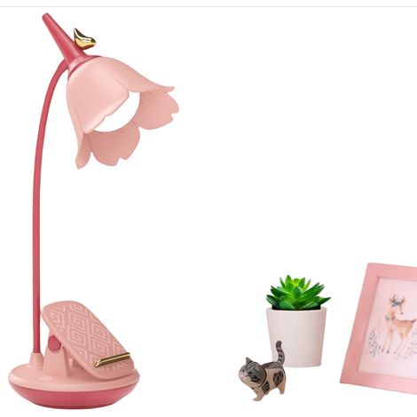 Lampe de bureau avec pince petite LED rechargeable col cygne réglable intensité variable mignonne pour chambre d'enfant dortoir bu Rose (1/4)
