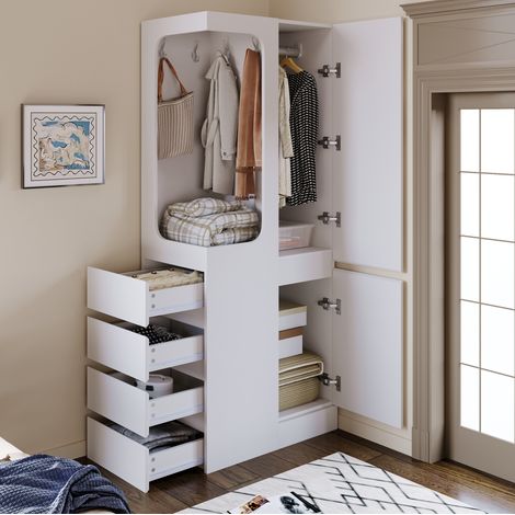 Armadio 70x40x170 cm, con 4 cassetti, vano appendiabiti aperto, 1 anta, legno, bianco (1/5)