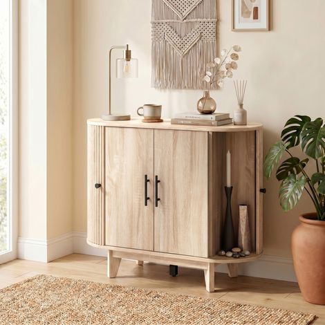 Buffet salon, meuble de rangement ovale à 4 portes avec étagères ajustables, 90 x 40 x 76 cm, chêne (1/5)
