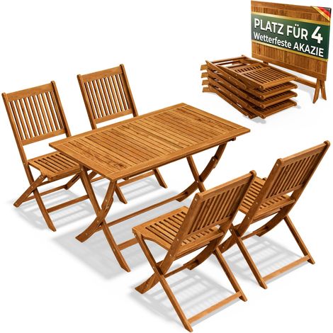 CASARIA Gartenmöbel Set Modell 2026 – NEU: Extra stabiler Tisch mit umlaufender Verstärkungsleiste 5-teilig aus FSC® Akazienholz, 4 Stühle, klappbar für Garten & Balkon ohne Armlehnen (1/5)