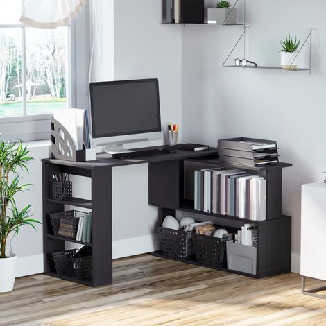 Bureau d'angle avec plateau pivotant à 360° et 5 étagères. 120 x 110 x 74,5 cm. Noir. (1/5)