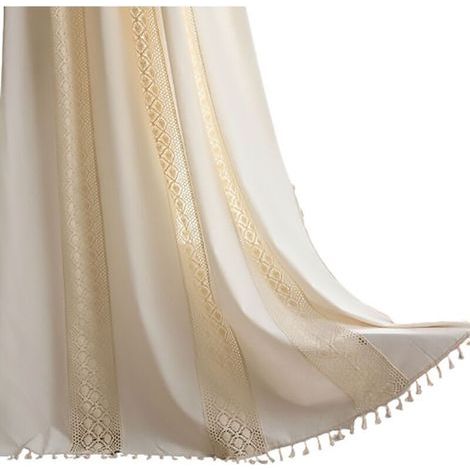 Rideau bistro court beige en coton-lin opaque, style campagne avec pompons, 1 pièce (1/4)