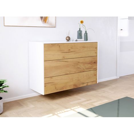 Sideboard Kommode Hero B hängend 100cm 3 Pushauszüge Weiß Hgl Eiche (1/5)
