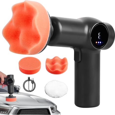 Polisseuse Auto Mini sur Batterie, Kit de Polissage Voiture 2x 2000 mAh + 2 Vitesses + 3 Pads de Polissage + Verrouillage, Polisseuse sans Fil Rechargeable pour Élimination Rayures, Cirage, Lustrage (1/5)