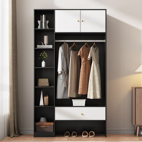 Vestiaire d'Entrée Moderne Noir et Blanc - 105 x 185 x 40 cm - Penderie, Tiroir et 6 Niches de Rangement - Garderobe Compacte