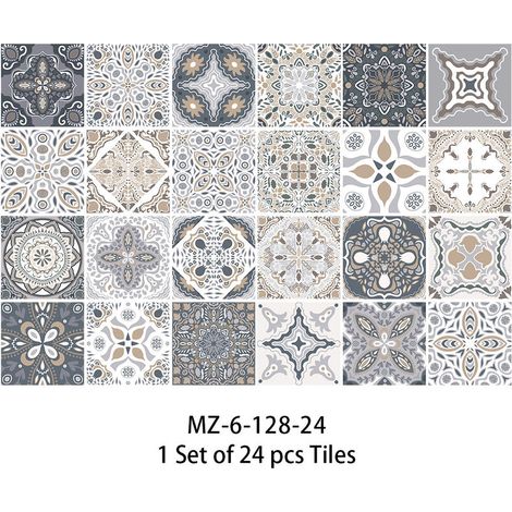 Fliesenaufkleber für Badezimmer und Küche, 15 x 15 cm, wasserfest, PVC, selbstklebend, Wanddekoration, Azulejos, Mosaik, Zementfliesen, 24 Stück