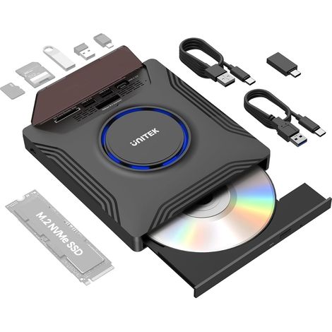 Lecteur CD DVD externe, lecteur de disque optique USB 3.0 de type C, 3 ports USB/interface M.2 et emplacements pour carte SD/Micro SD, graveur de CD/DVD portable 7 en 1 pour ordinateur portable (1/5)